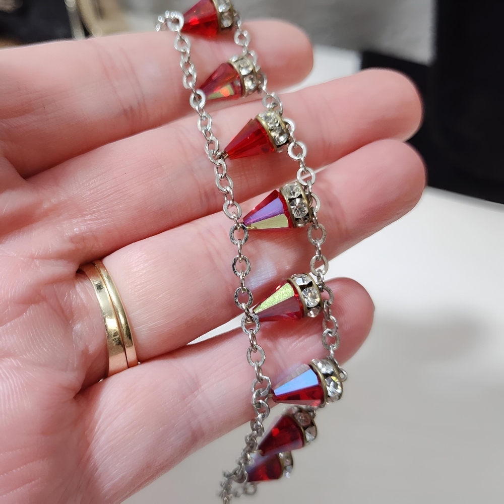 Vintage Sterling Silver RARE Red Siam Aurora Boreale Swarovski Crystal Bracelet - Picture 5 of 13